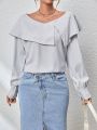 SHEIN Essnce Long Sleeve Shirt With Small Stripes & Ruffled Hem