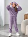 SHEIN Kids Y2Kool Girls' Embroidered Letter Hoodie And Pants Set In Double-sided Velvet Fabric