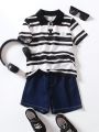 SHEIN Kids Academe Young Boy College Style Striped Short Sleeve Loose Top And Denim Shorts 2pcs/Set, Comfortable And Refreshing For Spring/Summer