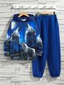 SHEIN Boys' Casual Knitted 2pcs/set Cool Animal Printed Hooded Sweatshirt And Pants Set