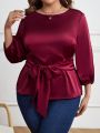 EMERY ROSE Plus Size Lantern Sleeve Belted Satin Shirt