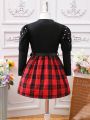 SHEIN Kids Academe Girls (small) Pearl Beading Patchwork Plaid Print Dress