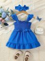 Baby Girl Summer Elastic Waist Woven Dress With Ruffled Hem