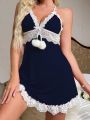 Lace Patchwork Furry Ball Decor Cami Sleepwear