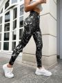 Yoga Trendy Marble Print Wide Waistband Sports Leggings