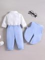 SHEIN 3pcs/Set Baby Boy's Elegant College Style Shirt With Bow-Tie, Solid Color Pants And Vest Gentleman Outfits