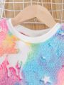 SHEIN Kids QTFun Toddler Girls Tie Dye Unicorn Print Teddy Sweatshirt & Pants