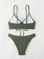 Solid Color Drawstring Detail Bikini Swimwear Set