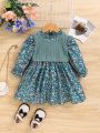 SHEIN Baby Girls' Sweet Floral Long Sleeve Dress With Knitted Vest Top Set