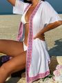 SHEIN Swim BohoFeel 1pc Geometric Embroidery Half Sheer Kimono