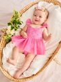 SHEIN Newborn Baby Girl Mesh & Lace Ruffle Square Collar Romper