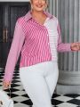SHEIN Privé Plus Size Women's Striped Patchwork Horizontal Stripe Shirt
