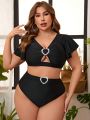 SHEIN Swim Vcay Plus Size Bikini Set With Rhinestone Heart Shaped Rings Decoration, Hollow Out Detail And Ruffled Edge