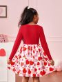 SHEIN Kids Cooltwn Big Girls' Sweet And Cool Love Heart Pattern Knitted Solid Color Patchwork Woven Dress For Daily Wear