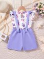 Toddler Girls' Summer Sporty Comfortable Heart Pattern Overalls And Ruffle Trimmed Floral Top 2pcs Outfit