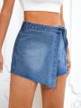 Wrap Knot Side Raw Hem Denim Skort