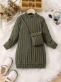 SHEIN Kids Academe Young Girl Mock Neck Ribbed Knit Dress With Bag