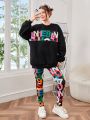 Teen Girls' Letter & Number Print Sweatshirt And Leggings 2pcs Set