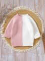 Baby Girls' Contrast Color Round Neck Drop Shoulder Sleeve Sweater