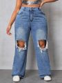 Plus Size Women's High Rise Distressed Straight Leg Jeans