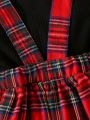 Baby Girl Christmas Elk Print Ruffle Trim Tartan Print Ruffle Trim 2 In 1 Dress