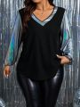 SHEIN LUNE Plus Size Colorblock V-neck Blouse