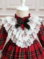 Baby Girl Tartan Print Contrast Lace Ruffle Trim Flounce Sleeve Bow Front Dress & Headband