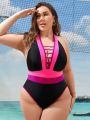 SHEIN Swim SPRTY Plus Size Contrast Color Hollow Out One-Piece Swimsuit