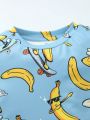 SHEIN 2pcs/Set Casual And Cute Banana & Skateboard Printed Short Sleeve T-Shirt And Shorts Home Wear For Young Boys