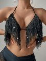 SHEIN Swim Vcay Shiny Fringed Halter Bikini Top