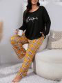 Plus Size Autumn & Winter Letter Printed Yellow Plaid Long Sleeve Long Pants Pajama Set