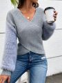 SHEIN LUNE Women's Patchwork Plush Long Sleeve Cross Wrap Sweater