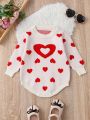 Infant Girls' Love Pattern Knitted Romper Jumpsuit With Long Sleeves For Autumn And Winter