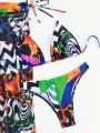 SHEIN Swim Y2GLAM Full Print Triangle Bikini Set + Drawstring Side Cover Up Set