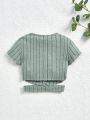 SHEIN Kids EVRYDAY Girls' Knit Ribbed Round Neck Short Sleeve T-Shirt With Asymmetrical Hem For Casual Wear