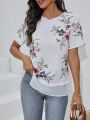 Women'S Floral Print Bottom Patchwork Sheer Mesh Shirt