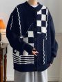 Manfinity Men'S Plaid & Striped Patchwork Cardigan Sweater