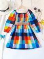 SHEIN Kids HYPEME Little Girls' Mid-length Square Printed Dress With Square Neckline, Pleated Waist And Belt For Autumn