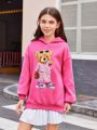 SHEIN Kids EVRYDAY Tween Girls' Knitted Loose Fit Hoodie With Bear Print