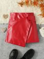 SHEIN Kids Cooltwn Tween Girl Asymmetrical Hem PU Leather Skirt