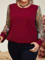 Plus Size Women'S Elegant Patchwork Long Sleeve Embroidered Mesh Shirt
