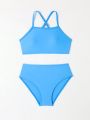 Tween Girls' Solid Color Split Swimsuit Set With Crossed Double Straps Bikini