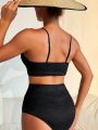 SHEIN Swim Basics Solid Color Twisted Strap & High Waist Bikini Set