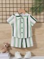 SHEIN Baby Boys' Casual Vacation Vertical Stripe 2pcs/Set