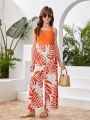 Teen Girl Tropical Print Splicing Halter Wide Leg Jumpsuit