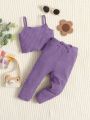 SHEIN Baby Girl's Casual Comfortable Solid Color Tank Top And Waist Tied Pants Set