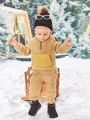 SHEIN Baby Boy Contrast Side Seam Kangaroo Pocket Half Zip Teddy Hoodie & Pants