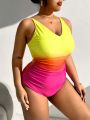 SHEIN Swim Vcay Plus Size Gradient V-Neck One-Piece Swimsuit