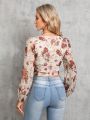 SHEIN Tall Floral Print Square Neck Lantern Sleeve Crop Blouse