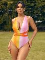 SHEIN Swim Vcay Deep V-Neck Color Block Ombre Monokini With Open Back